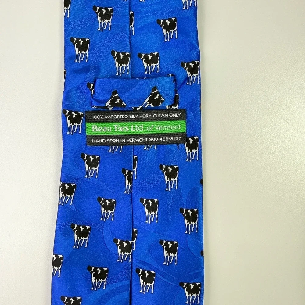 Beau Ties Ltd of Vermont Mens Blue Cow Print Silk Neck‎ Tie Hand Sewn in Vermont